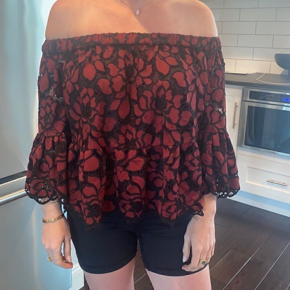 LIKELY off the shoulder red & black lace top